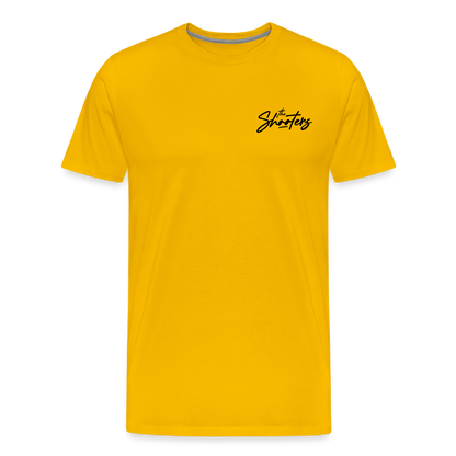 "The Shooters Black" Fitted Tee (Left) - sun yellow