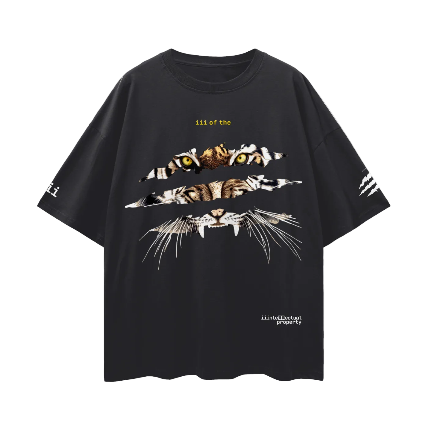 Black t-shirt with tiger showing through three tiger stripes