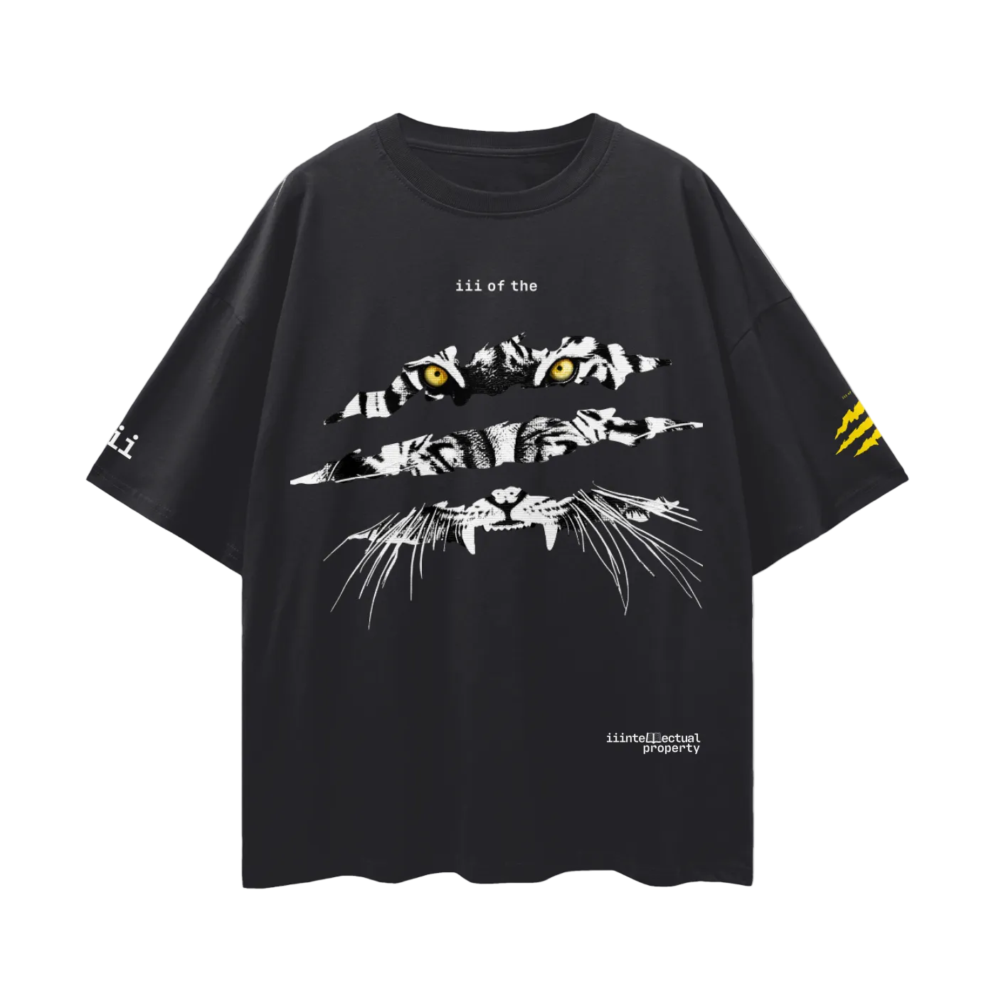 Black t-shirt with white tiger showing through three tiger stripes