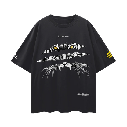 Black t-shirt with white tiger showing through three tiger stripes