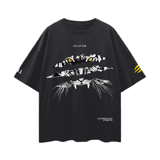 Black t-shirt with white tiger showing through three tiger stripes
