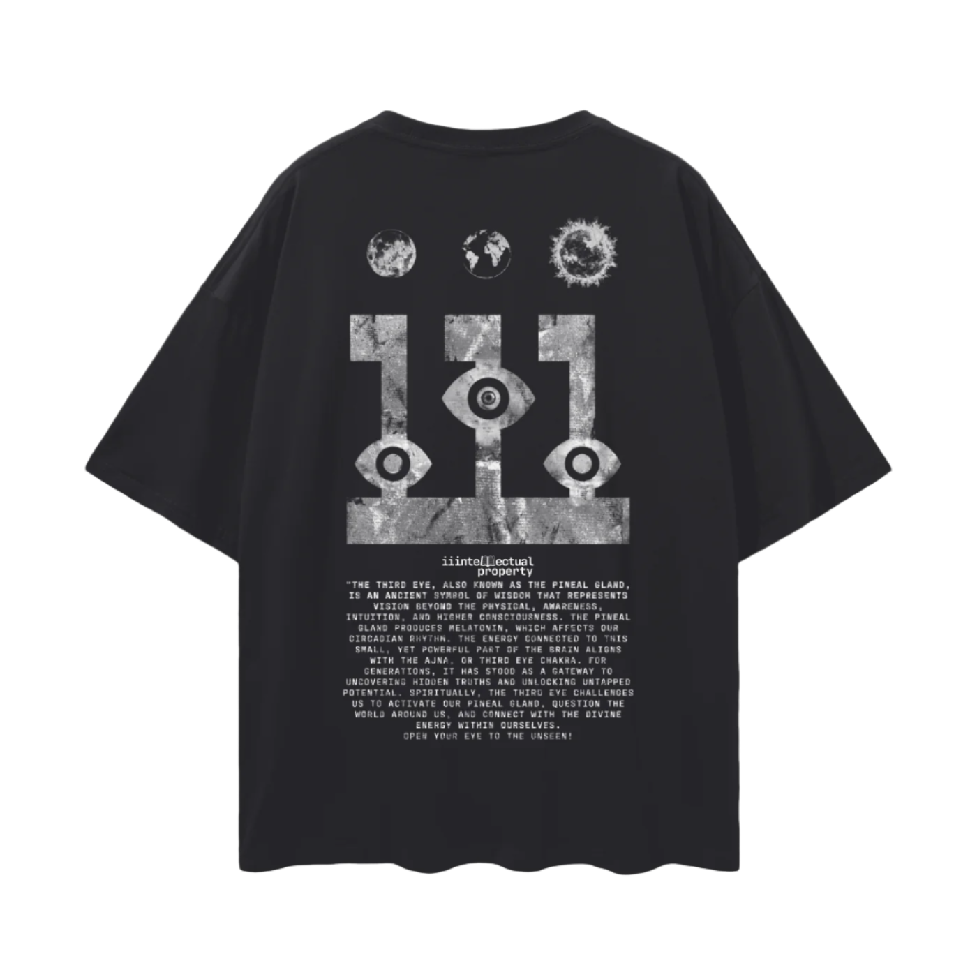 Black short-sleeved drop shoulder t-shirt with graphic print in the center featuring abstract designs about pineal gland